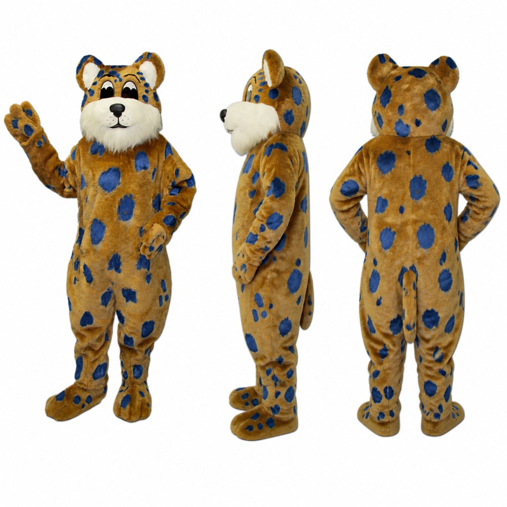 Leopard Mascot Costume in Golden Brown with Blue Spots Adult