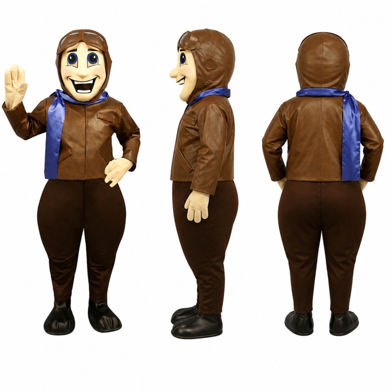 Aviator Mascot Costume in Brown Jacket with Flight Goggles Adult
