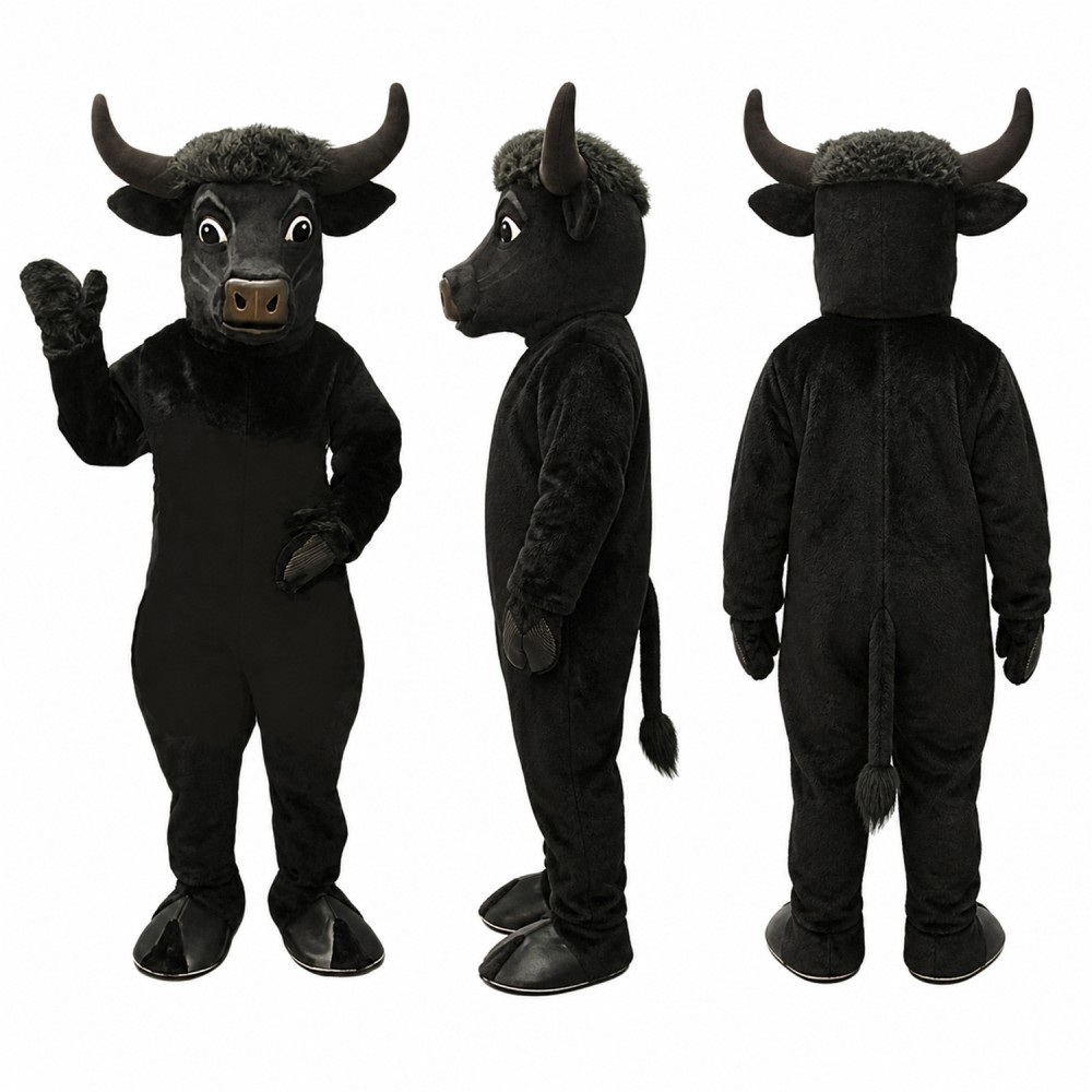 Bull Mascot Costume in Black with Wide Horns Adult