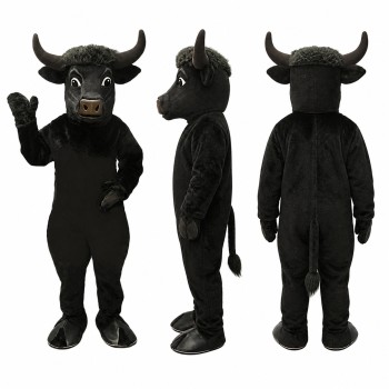 Bull Mascot Costume in Black with Wide Horns Adult