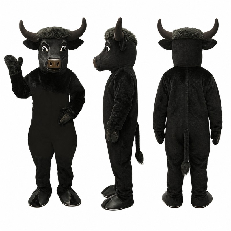 Bull Mascot Costume in Black with Wide Horns Adult