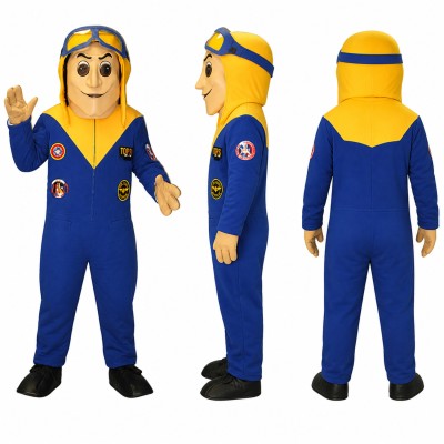 Pilot Mascot Costume in Blue and Yellow Jumpsuit with Goggles Adult