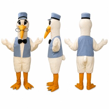 White Stork Gentleman Mascot Costume in White with Blue Vest and Top Hat Adult