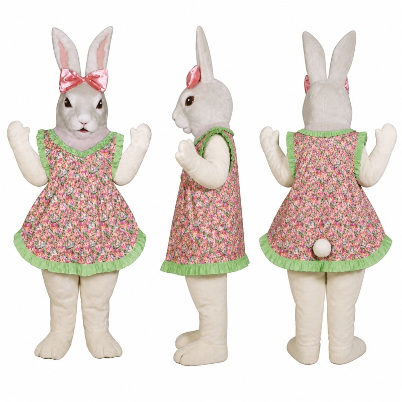 Rabbit Mascot Costume in Gray with Floral Dress Adult