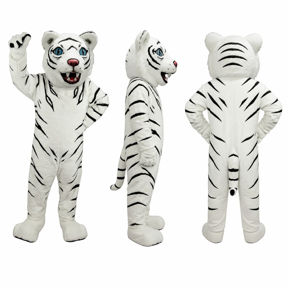 White Tiger Mascot Costume with Black Stripes and Pink Nose Adult