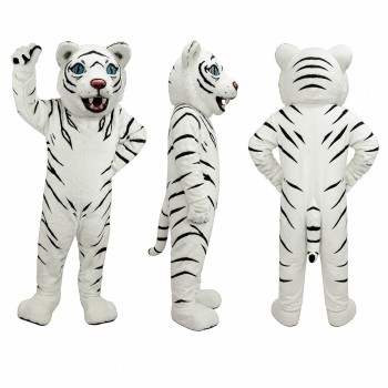 White Tiger Mascot Costume with Black Stripes and Pink Nose Adult