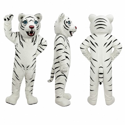 White Tiger Mascot Costume with Black Stripes and Pink Nose Adult