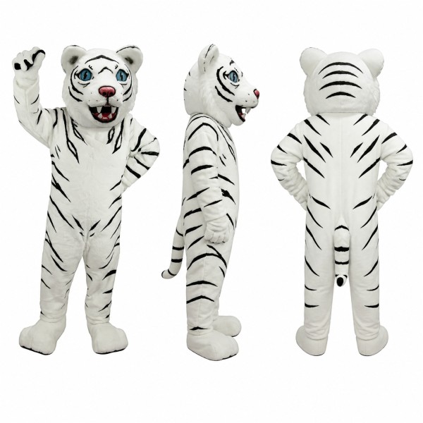 White Tiger Mascot Costume with Black Stripes and Pink Nose Adult