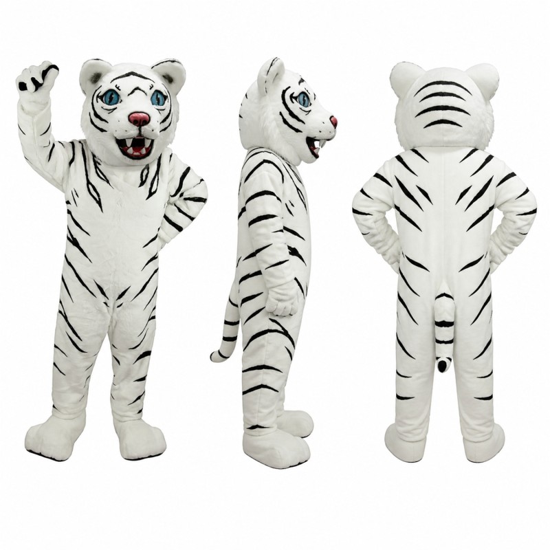 White Tiger Mascot Costume with Black Stripes and Pink Nose Adult