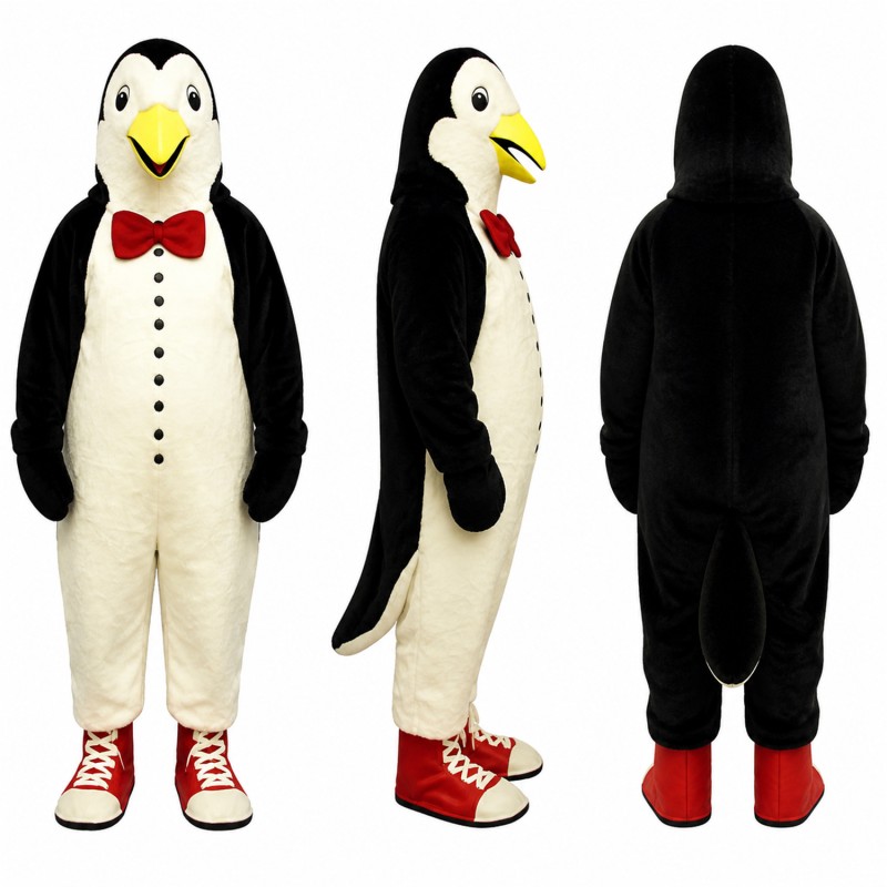 Penguin Gentleman Mascot Costume with Red Bow Tie and Sneakers Adult