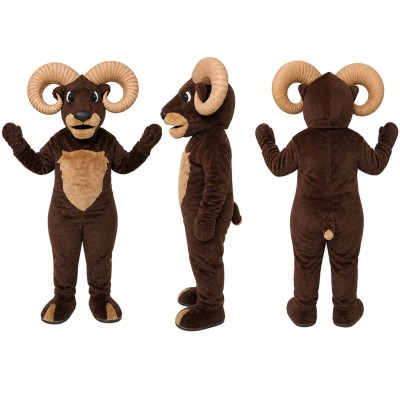 Ram Mascot Costume in Brown with Cream Curved Horns Adult