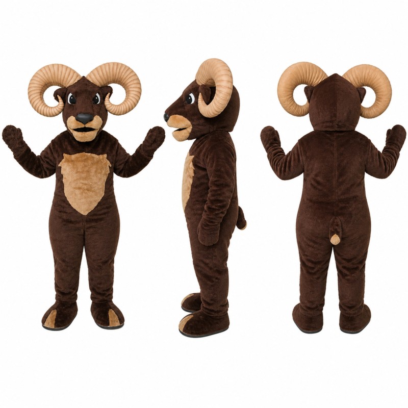 Ram Mascot Costume in Brown with Cream Curved Horns Adult