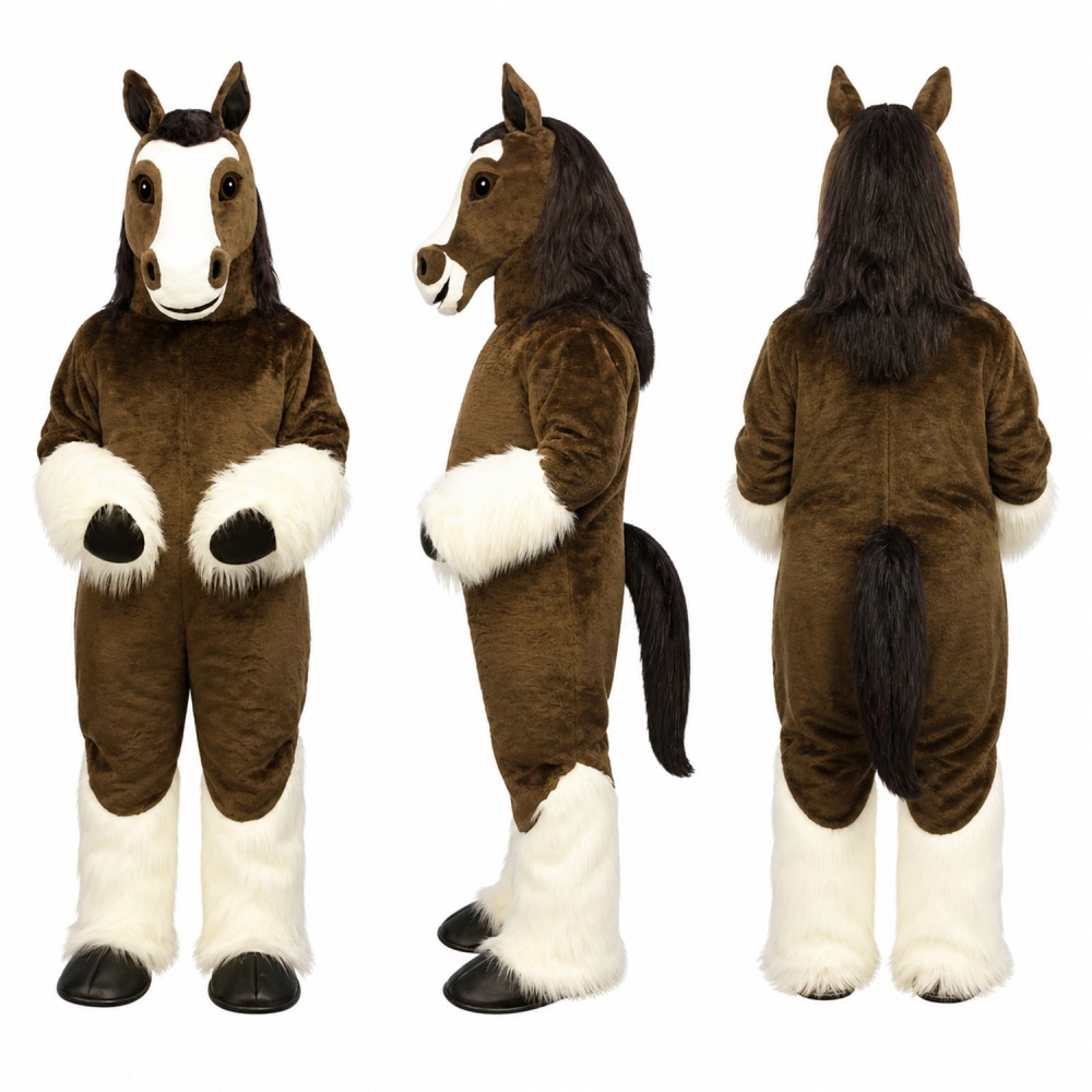 Horse Mascot Costume in Dark Brown with White Mane Adult