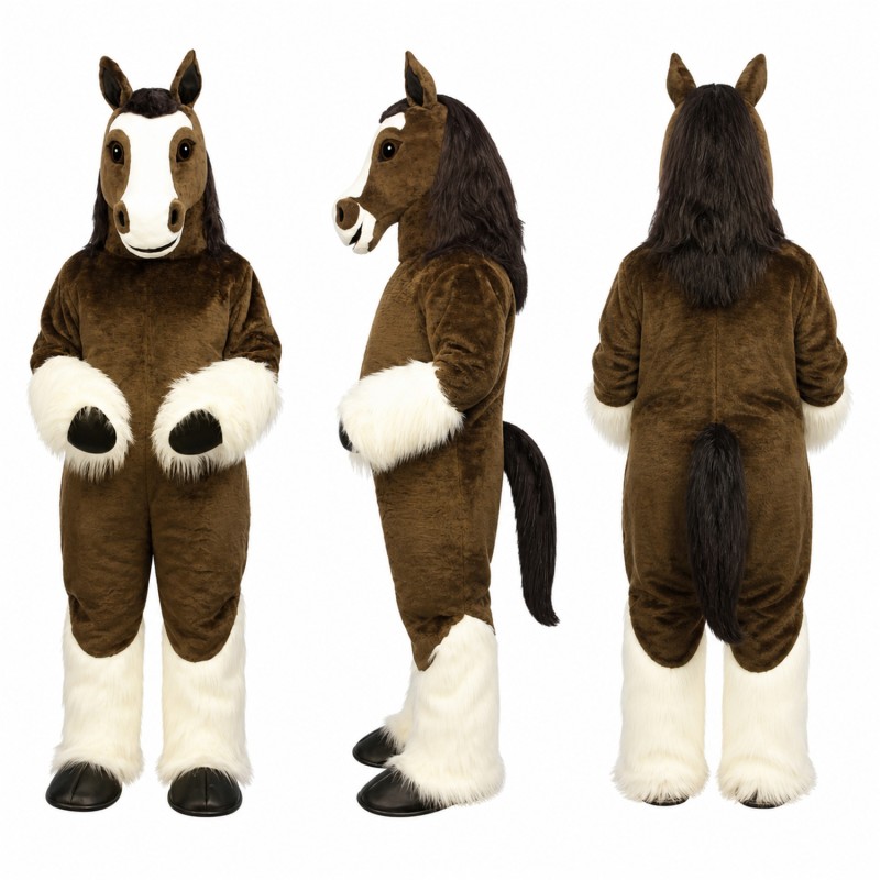 Horse Mascot Costume in Dark Brown with White Mane Adult