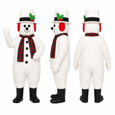 Snowman Mascot Costume in White with Black Hat and Plaid Scarf Adult