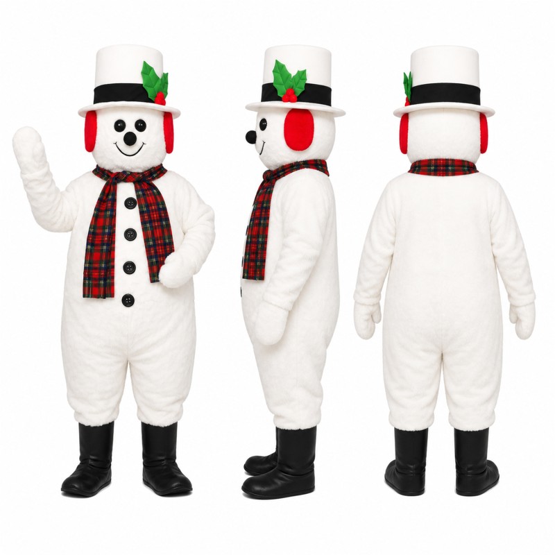 Snowman Mascot Costume in White with Black Hat and Plaid Scarf Adult