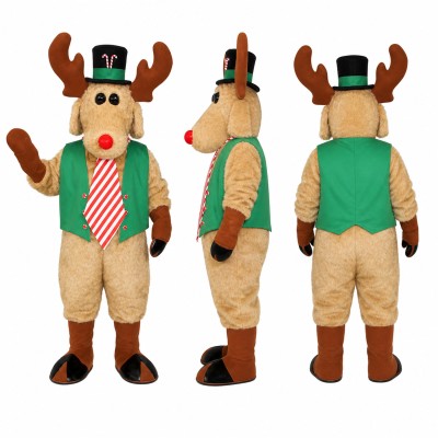 Holiday Reindeer Mascot Costume with Green Vest and Striped Tie Adult