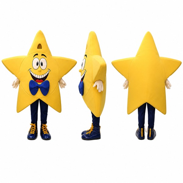 Star Mascot Costume in Yellow with Blue Bow Tie Adult