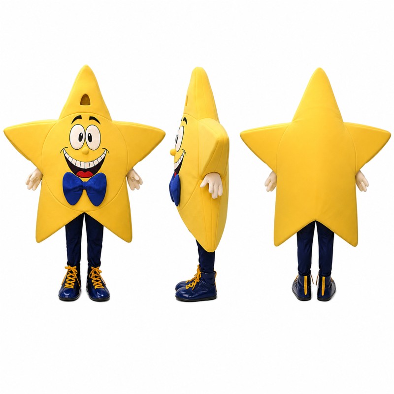 Star Mascot Costume in Yellow with Blue Bow Tie Adult