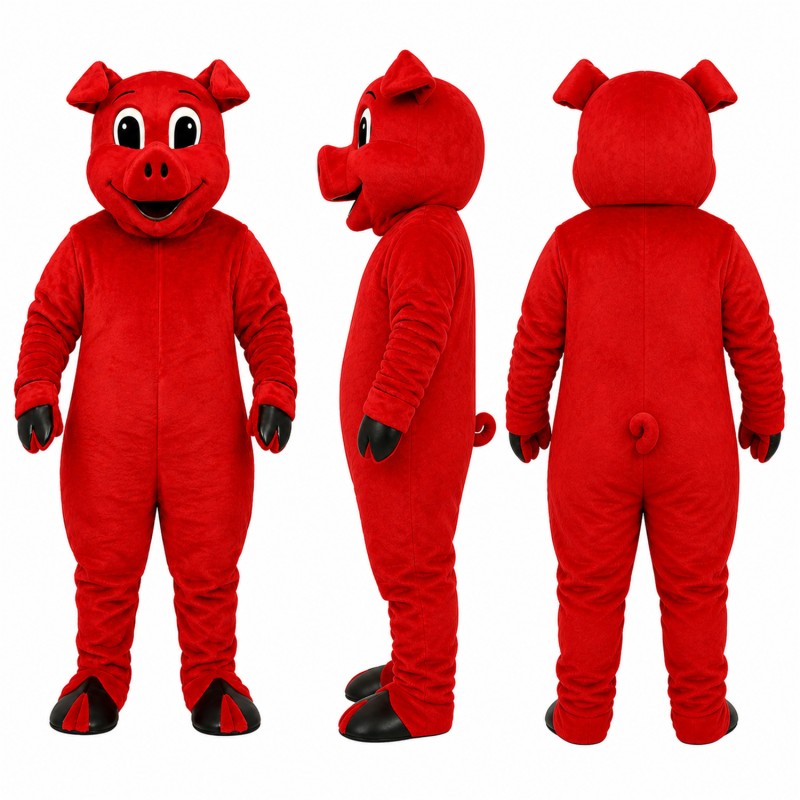 Red Pig Mascot Costume in Red with Small Horns Adult