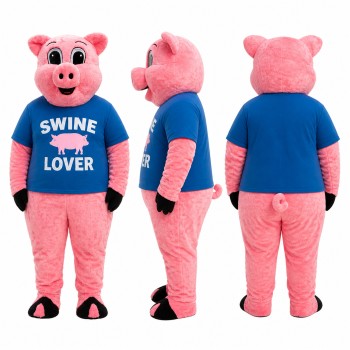 Pig Mascot Costume in Pink with Blue T Shirt Adult