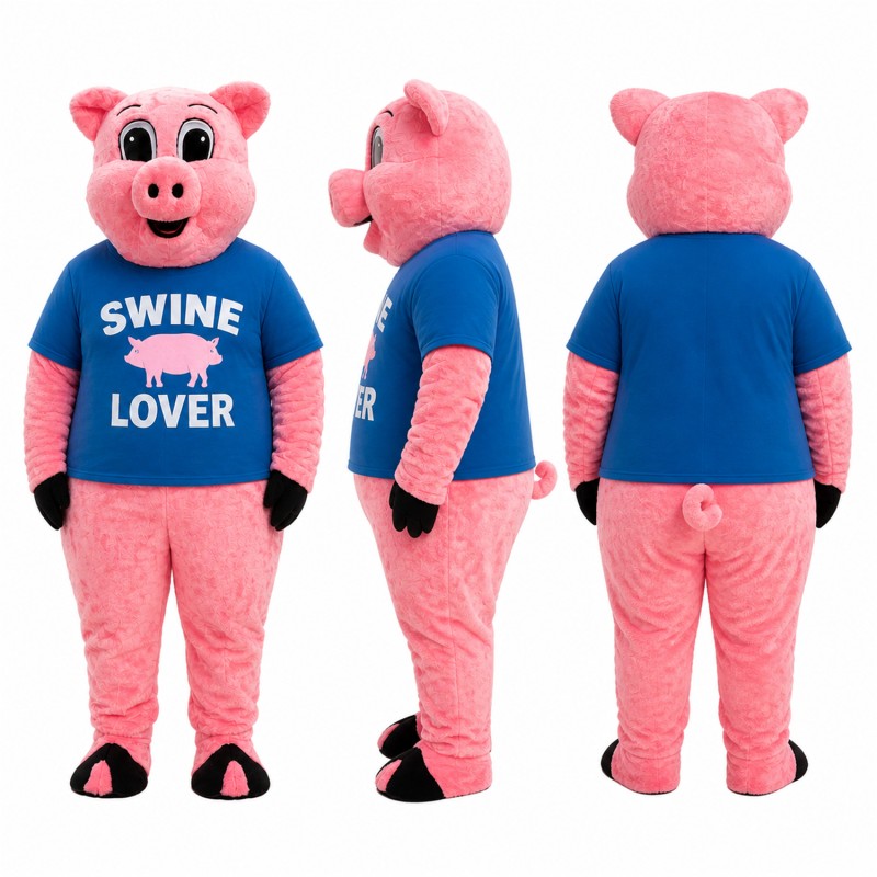 Pig Mascot Costume in Pink with Blue T Shirt Adult