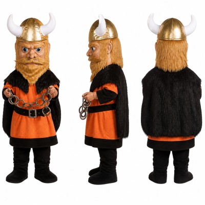 Viking Mascot Costume in Orange and Black with Horned Helmet Adult
