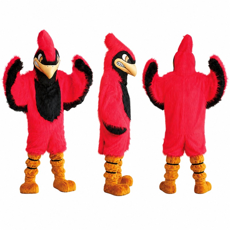 Cardinal Mascot Costume in Red and Black with Yellow Beak Adult