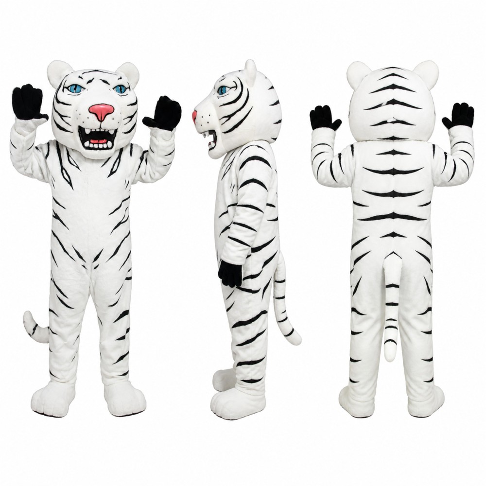 White Tiger Mascot Costume with Black Stripes and Pink Nose Adult