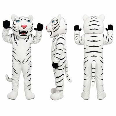 White Tiger Mascot Costume with Black Stripes and Pink Nose Adult