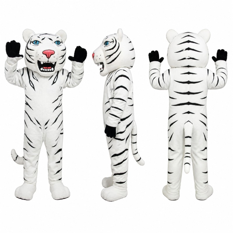 White Tiger Mascot Costume with Black Stripes and Pink Nose Adult