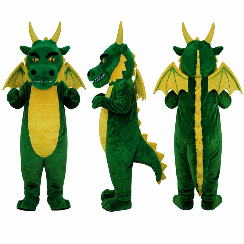 Dragon Mascot Costume in Green with Yellow Belly and Wings Adult
