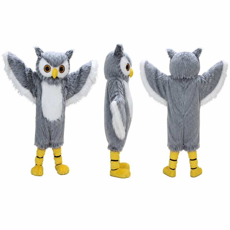 Owl Mascot Costume in Gray with Yellow Eyes Adult