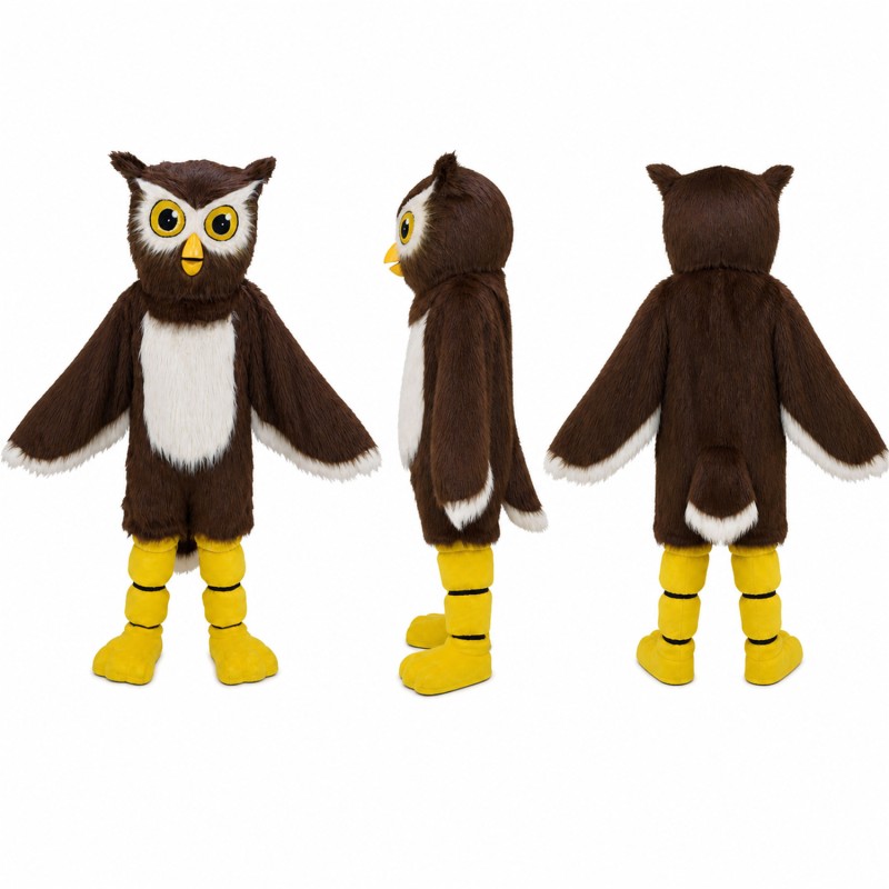 Owl Mascot Costume in Brown with Yellow Eyes Adult