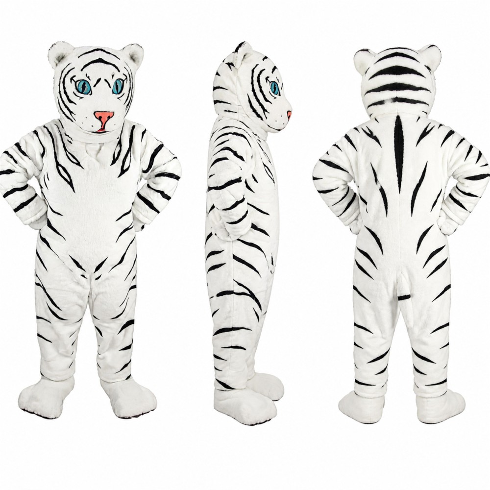 White Tiger Mascot Costume with Black Stripes and Blue Eyes Adult