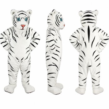 White Tiger Mascot Costume with Black Stripes and Blue Eyes Adult