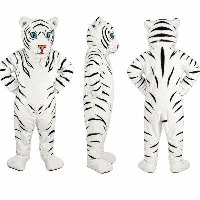White Tiger Mascot Costume with Black Stripes and Blue Eyes Adult