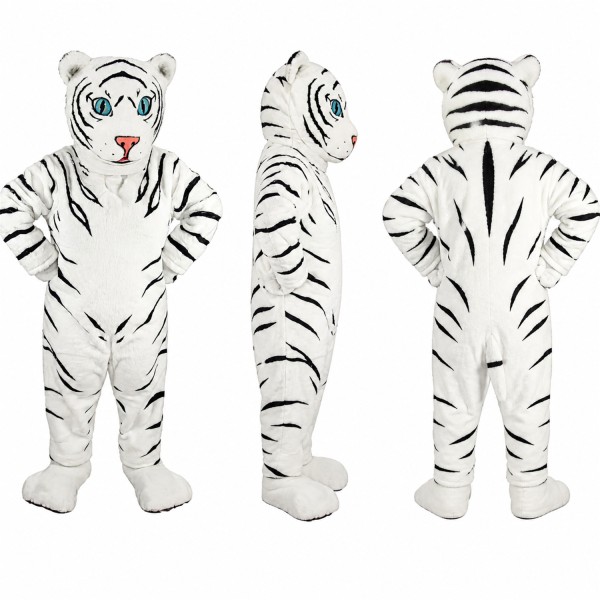 White Tiger Mascot Costume with Black Stripes and Blue Eyes Adult