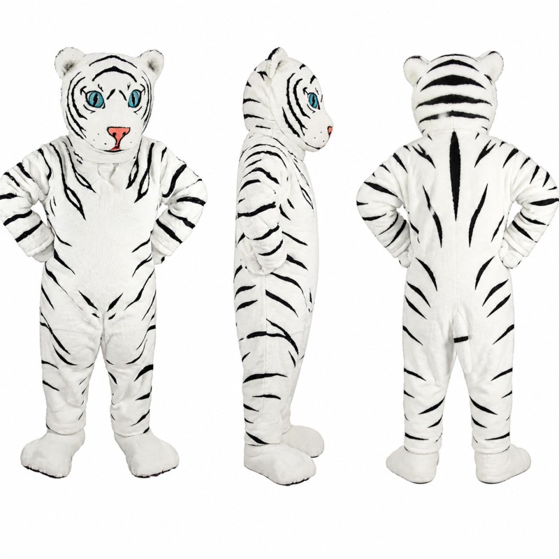 White Tiger Mascot Costume with Black Stripes and Blue Eyes Adult