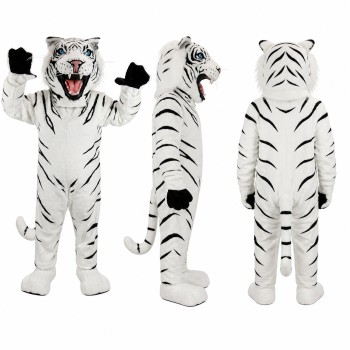 White Tiger Mascot Costume with Black Stripes and Open Mouth Adult