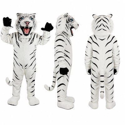 White Tiger Mascot Costume with Black Stripes and Open Mouth Adult