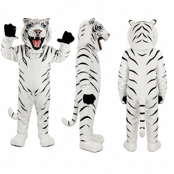 White Tiger Mascot Costume with Black Stripes and Open Mouth Adult