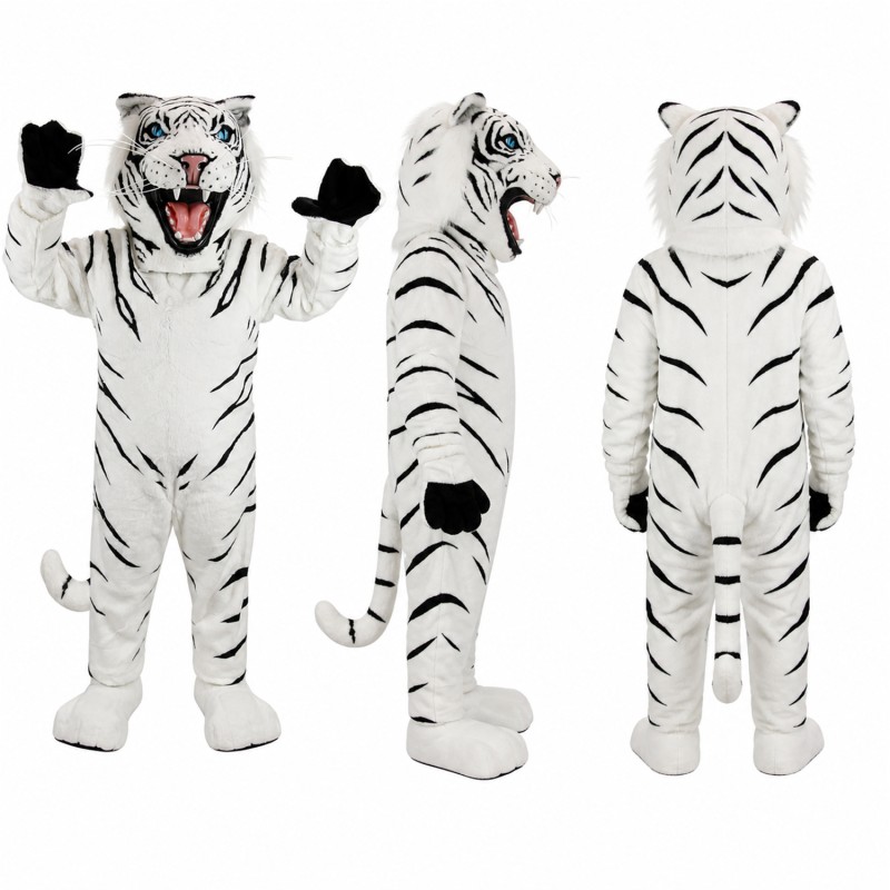 White Tiger Mascot Costume with Black Stripes and Open Mouth Adult