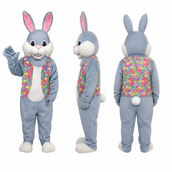 Rabbit Mascot Costume in Gray with Floral Vest Adult