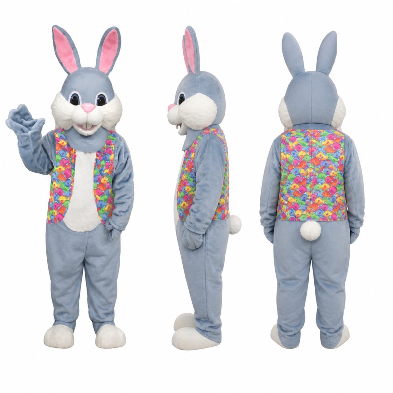 Rabbit Mascot Costume in Gray with Floral Vest Adult