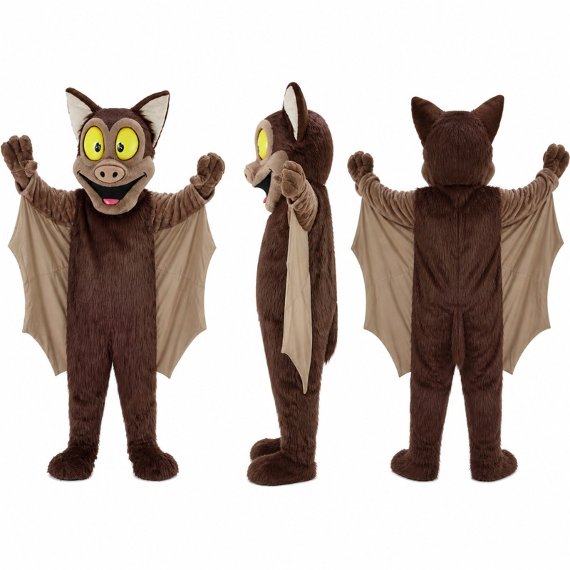 Bat Mascot Costume in Brown with Yellow Eyes and Wings Adult