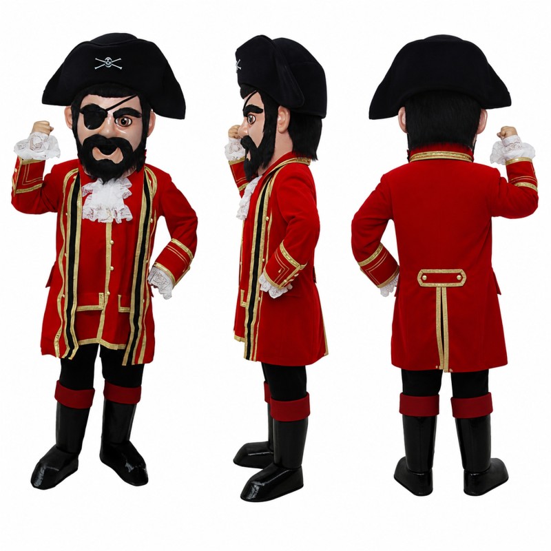 Pirate Mascot Costume in Red Coat with Black Tricorn Hat Adult