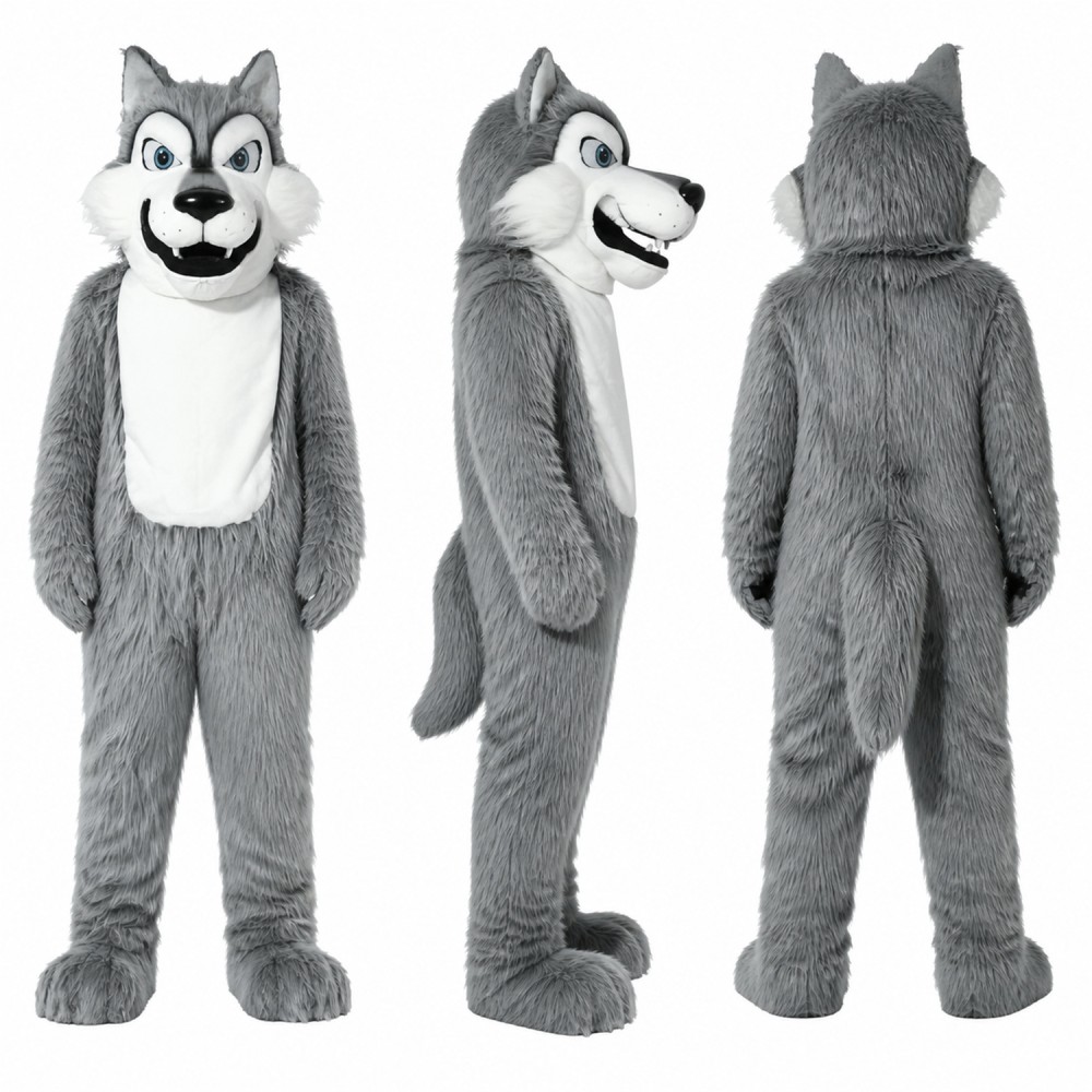Wolf Mascot Costume in Gray with White Belly Adult