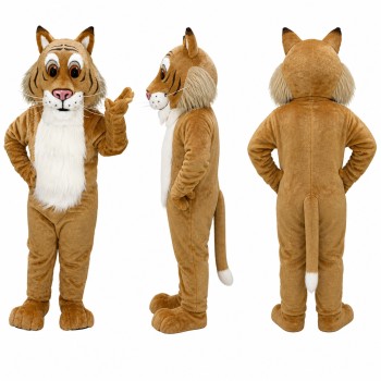 Bobcat Mascot Costume in Tan with Tufted Ears and White Belly Adult