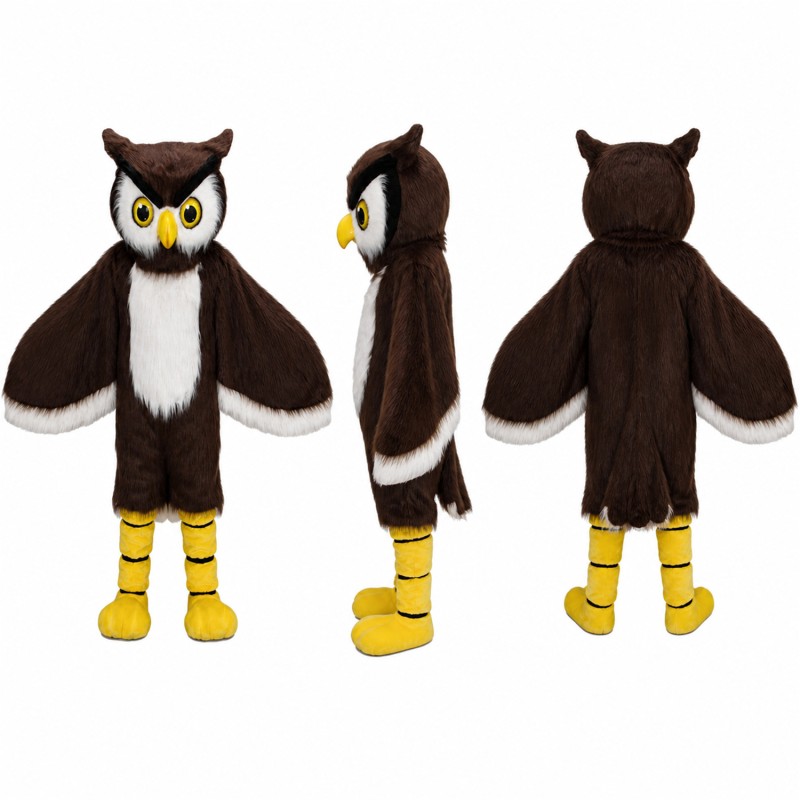 Owl Mascot Costume in Brown with Yellow Eyes Adult